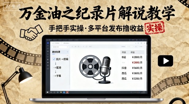 万金油之纪录片解说教学，手把手教你，完全实操，多平台发布撸收益-创业项目网