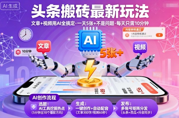 头条搬砖最新玩法，文章+视频用AI全搞定，一天5张+不是问题，每天只需10分钟-创业项目网