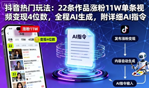 抖音热门玩法：22条作品涨粉11W单条视频变现4位数，全程AI生成，附详细AI指令-创业项目网