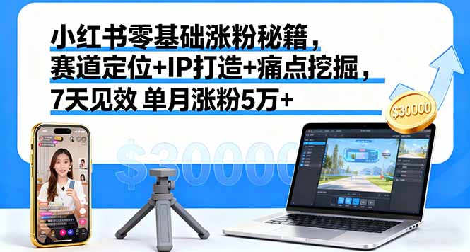 小红书零基础涨粉秘籍，赛道定位+IP打造+痛点挖掘，7天见效 单月涨粉5万+-创业项目网