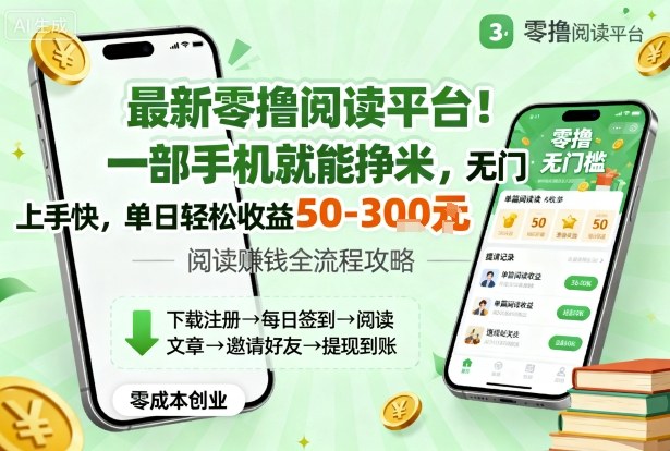 最新零撸阅读平台！一部手机就能挣米，无门槛上手快，单日轻松收益50-300-创业项目网