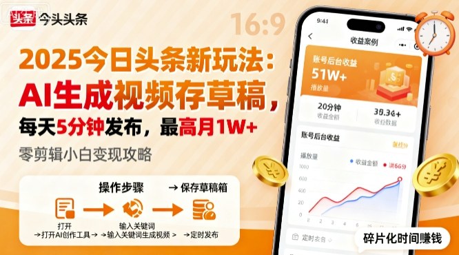 2025年今日头条躺賺新玩法，AI生成视频存草稿，每天5分钟发布，最高月1W+-创业项目网