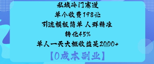 私域冷门赛道:单个收费198米，引流模板简单，人群精准，转化45%，单人一天大概收益是1k+-创业项目网