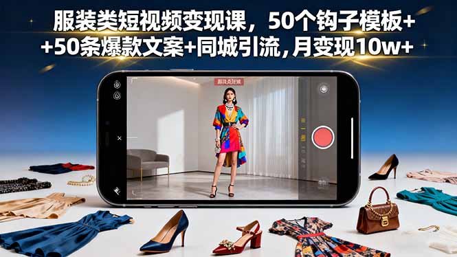 服装类短视频变现课，50个钩子模板+50条爆款文案+同城引流，月变现10w+-创业项目网