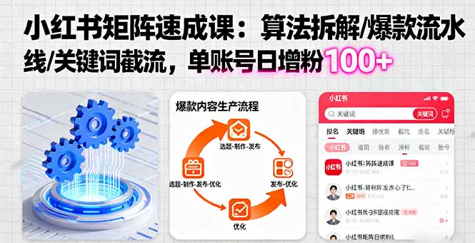 小红书矩阵起号速成课：算法拆解/爆款流水线/关键词截流 单账号日增粉100+-创业项目网