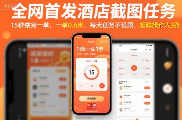 全网首发酒店截图任务，15秒做完一单，一单0.6米，每天任务不设限，矩阵操作日入300+-创业项目网