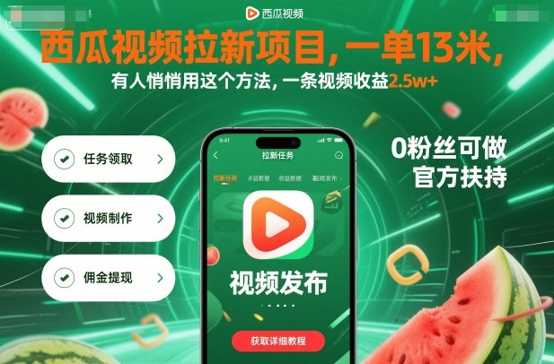西瓜视频拉新项目，一单13米，有人悄悄用这个方法，一条视频收益2.5w+-创业项目网