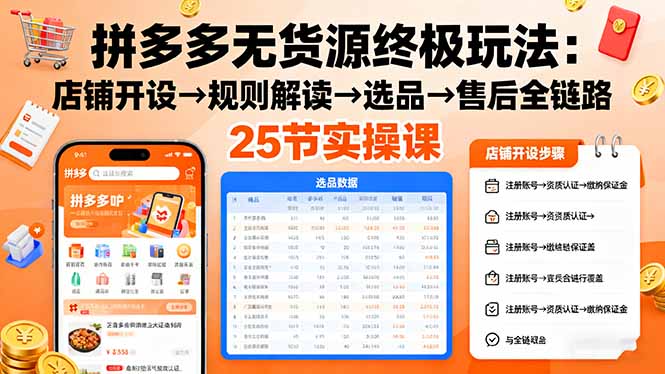 拼多多无货源终极玩法：店铺开设→规则解读→选品→售后全链路,25节实操课-创业项目网