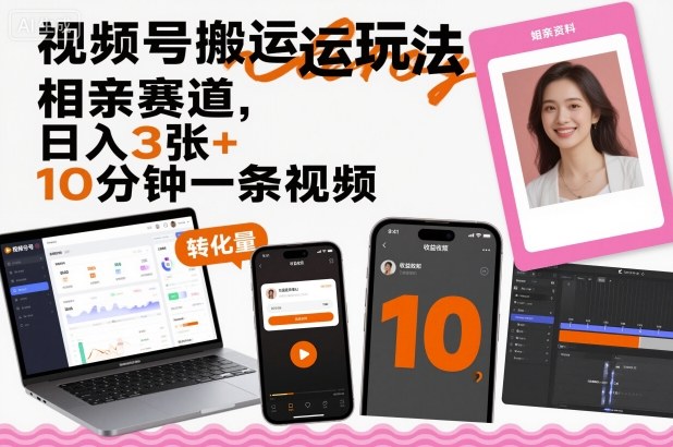 视频号搬运玩法，相亲赛道，日入300+，10分钟一条视频-创业项目网