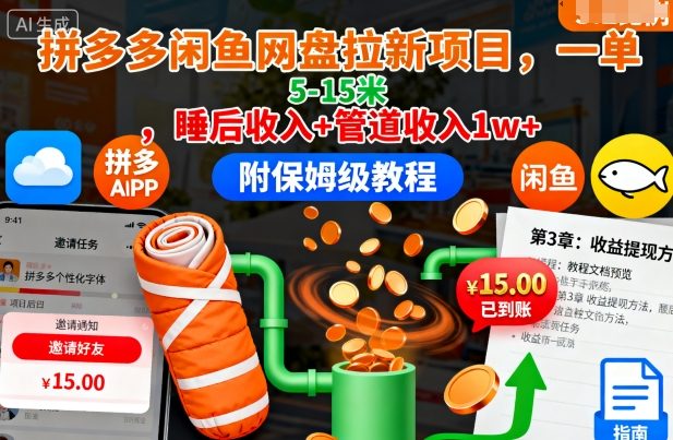 拼多多闲鱼网盘拉新项目,一单5-15米,睡后收入+管道收入1w+(附保姆级教程)-创业项目网