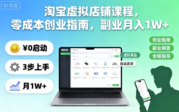 淘宝虚拟店铺课程,零成本创业指南,副业月入1W+-创业项目网