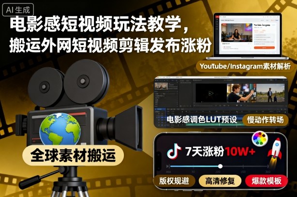 电影感短视频玩法教学，搬运外网短视频剪辑发布涨粉-创业项目网