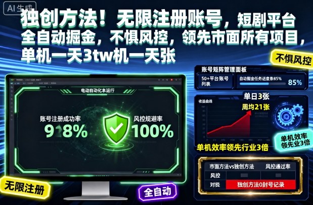 独创方法!无限注册账号,短剧平台全自动掘金,不惧风控,领先市面所有项目,单机一天3张-创业项目网