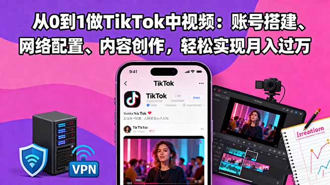 从0到1做TikTok中视频：账号搭建、网络配置、内容创作，轻松实现月入过万-创业项目网