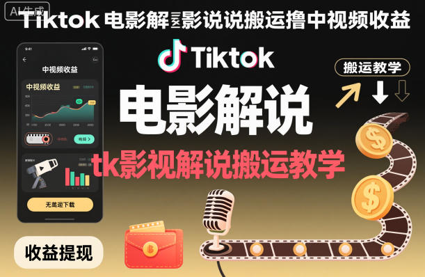 Tiktok电影解说搬运撸中视频收益，tk影视解说搬运教学-创业项目网