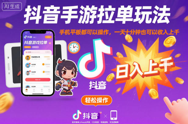 抖音手游拉单玩法，手机平板都可以操作，一天十分钟也可以收入上千-创业项目网