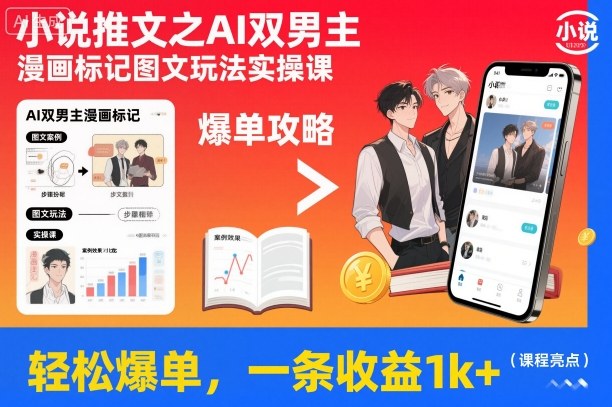 小说推文之AI双男主漫画标记图文玩法实操课,轻松爆单,一条收益1k+-创业项目网