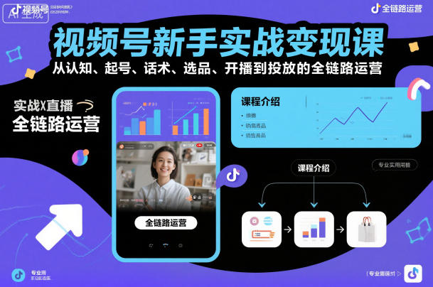 视频号新手实战变现课，从认知、起号、话术、选品、开播到投放的全链路运营-创业项目网