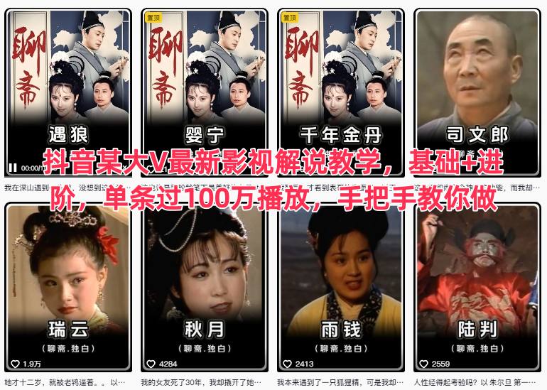 抖音某大V最新影视解说教学，基础+进阶，单条过100万播放，手把手教你做-创业项目网