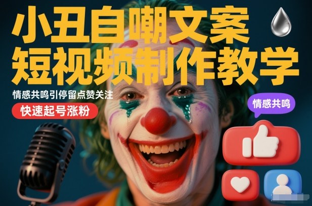 小丑自嘲文案短视频制作教学，情感共鸣引停留点赞关注，快速起号涨粉-创业项目网