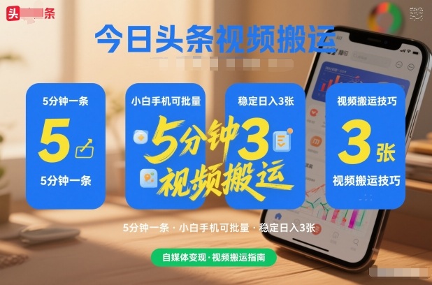 今日头条视频搬运，5分钟一条，小白手机可批量，稳定日入300+-创业项目网