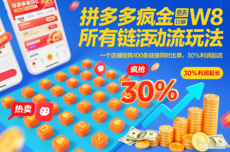 拼多多疯狂活动流玩法，所有链接全部打标，一个店铺矩阵100条链接同时出单，30%利润起店-创业项目网