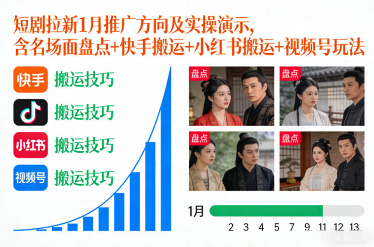 短剧拉新1月推广方向及实操演示，含名场面盘点+快手搬运+小红书搬运+视频号玩法-创业项目网