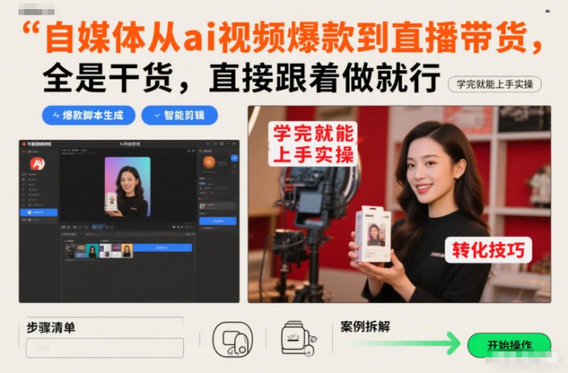 自媒体从ai视频爆款到直播带货，全是干货，直接跟着做就行，学完就能上手实操-创业项目网
