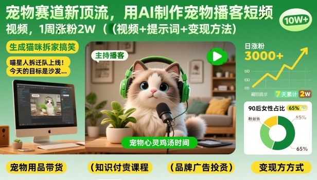 宠物赛道新顶流,用AI制作宠物播客短视频,1周涨粉2W(视频+提示词+变现方法)-创业项目网