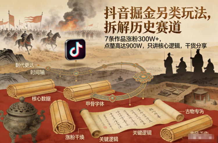 抖音掘金另类玩法，拆解历史赛道，7条作品涨粉300W+，点赞量高达900W，只讲核心逻辑，干货分享-创业项目网