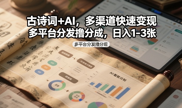 古诗词+AI，多渠道快速变现，多平台分发撸分成，日入1-3张-创业项目网
