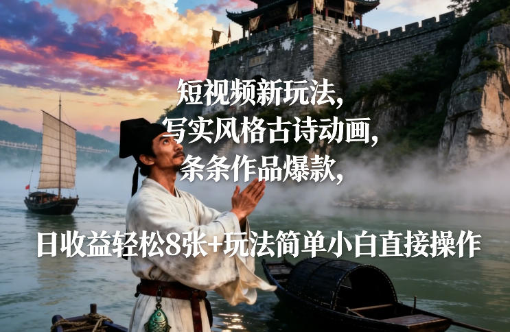 短视频新玩法,写实风格古诗动画,条条作品爆款,日收益轻松8张+玩法简单小白直接操作-创业项目网