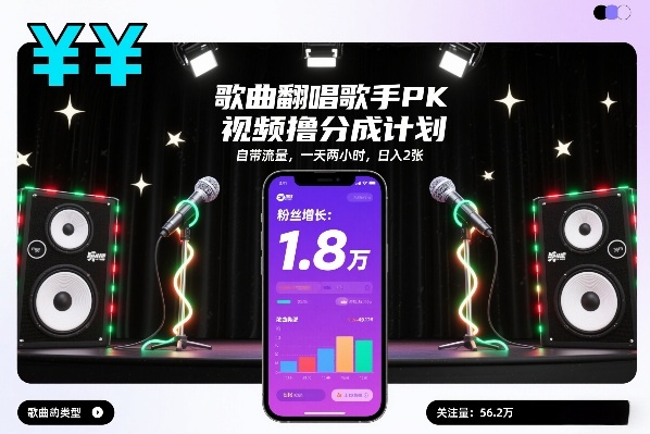 歌曲翻唱歌手PK视频撸分成计划,自带流量,一天两小时,日入200+-创业项目网