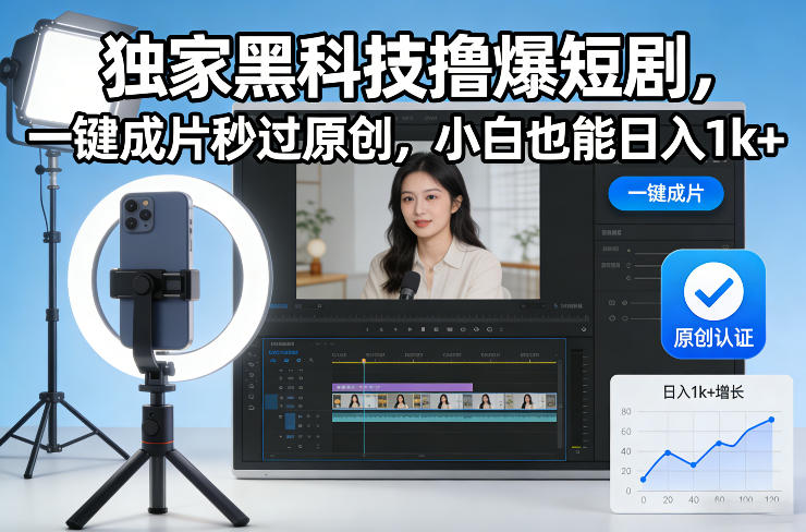 独家黑科技撸爆短剧，一键成片秒过原创，小白也能日入1k+-创业项目网
