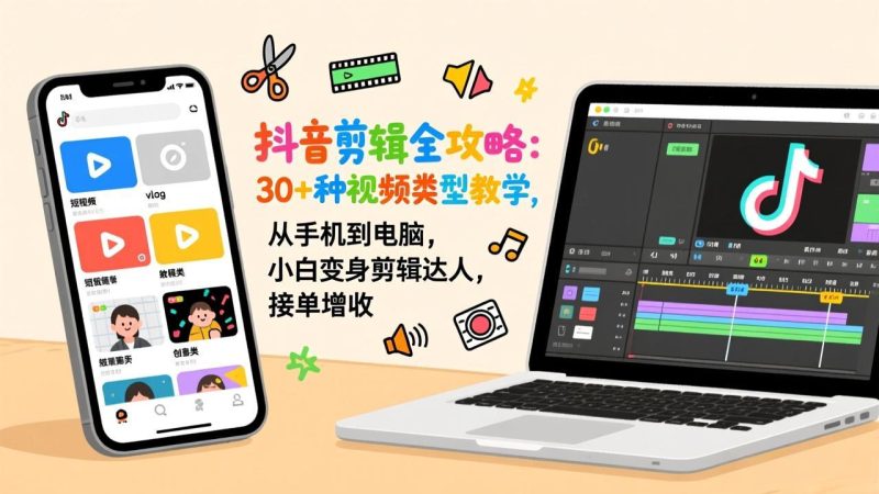 抖音剪辑全攻略：30+种视频类型教学，从手机到电脑，小白变身剪辑达人，接单增收-创业项目网