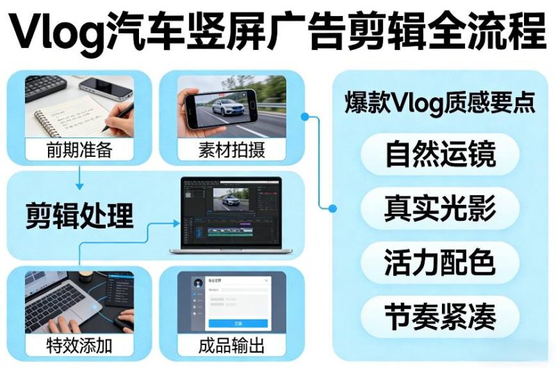 Vlog感觉汽车竖屏广告剪辑脚本全流程，拿捏爆款Vlog质感-创业项目网