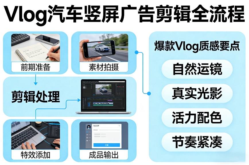 Vlog感觉汽车竖屏广告剪辑脚本全流程，拿捏爆款Vlog质感-创业项目网