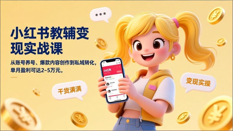 小红书教辅变现实战课，从账号养号、爆款内容创作到私域转化，单月盈利可达2-5万元-创业项目网