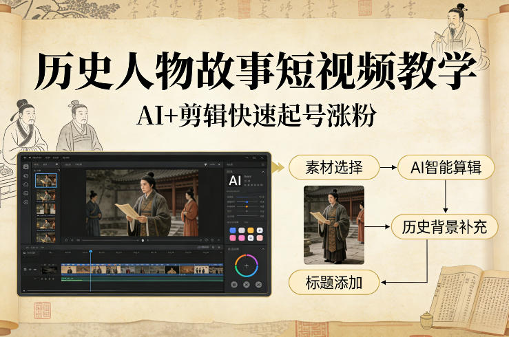 历史人物故事短视频教学，AI+剪辑制作历史人物题材短视频，快速起号涨粉-创业项目网