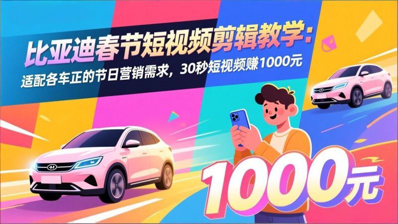 比亚迪春节短视频剪辑教学：适配各车企的节日营销需求，30秒短视频赚1000元-创业项目网